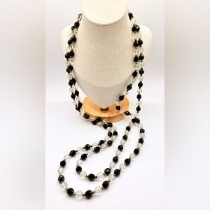Vintage Long Gold Filled Faceted French Jet and Clear Crystal Beaded Necklace
